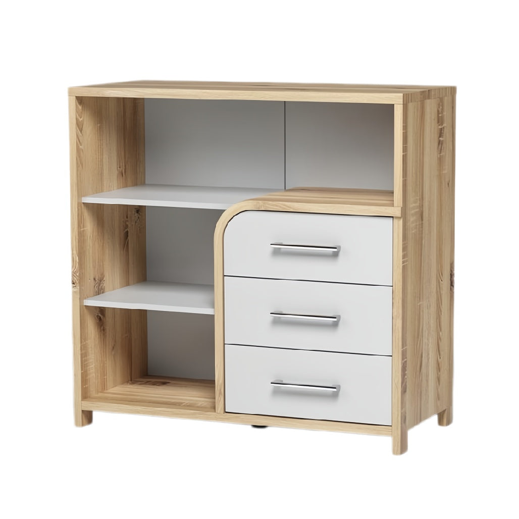 **Technische titel in het Nederlands: Moderne houten opbergrek met lades en open planken**