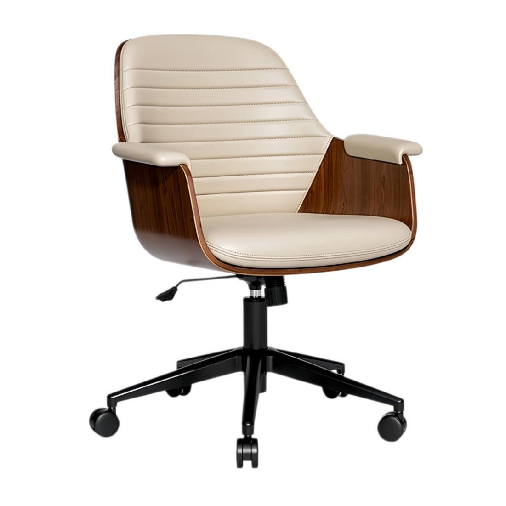 **Moderne bureaustoel met leren bekleding en houten accenten**